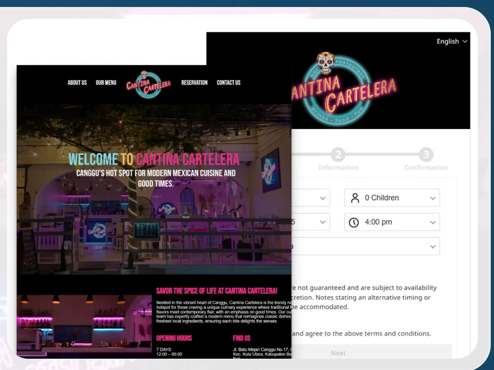 Screens from the Cantina Cartelera website designed and built by Ruang Project